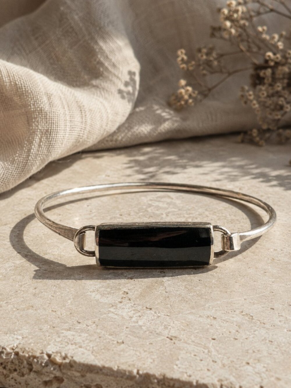 Vintage Sterling Silver Black Onyx Inlay Bar Bangle Bracelet 925 Modernist